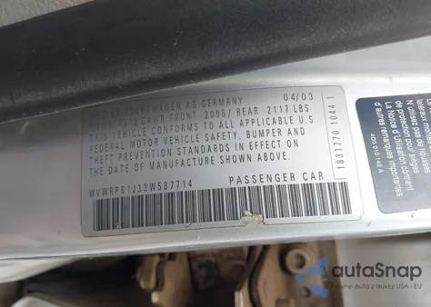 2003 Volkswagen Jetta Gl Tdi z USA, uszkodzony, nr VIN WVWRP61J33W587714